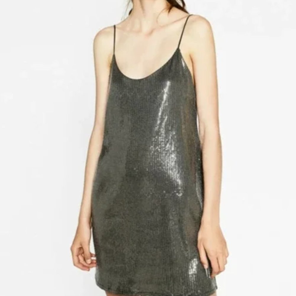 Zara Smokey Gray Sequin Tank Dress Large